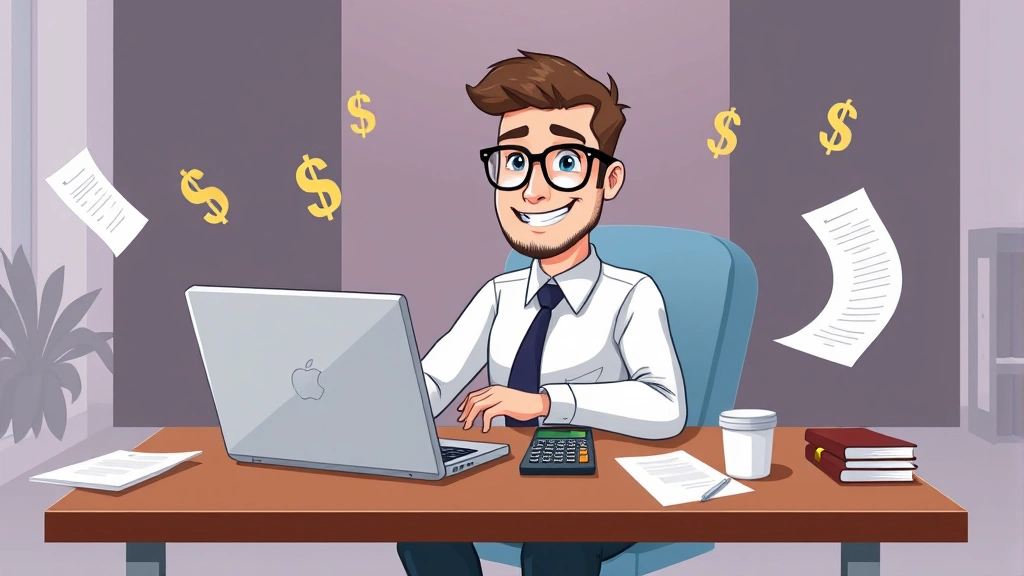 Cartoon professional sitting at desk with laptop and calculator, surrounded by floating dollar signs and contract documents, confident expression, modern minimalist office background
