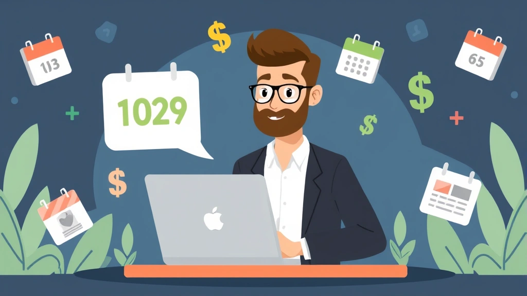 Cartoon professional contractor working at laptop surrounded by floating dollar signs and calendar icons, representing flexible 1099 work and income management