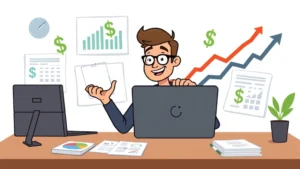 Cartoon illustration of a confident freelancer working at a desk with laptop, charts, and financial documents, showing multiple income streams with dollar signs and growth arrows