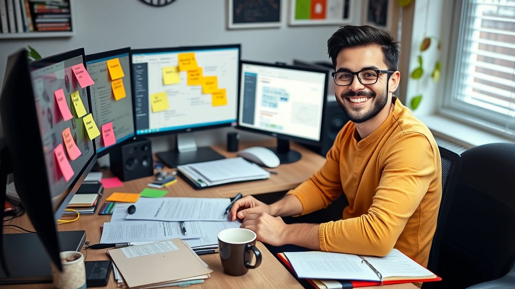 A cheerful freelancer sitting at a home desk with multiple computer monitors, paperwork, and a cup of coffee, surrounded by colorful project folders and sticky notes showing different client names and deadlines