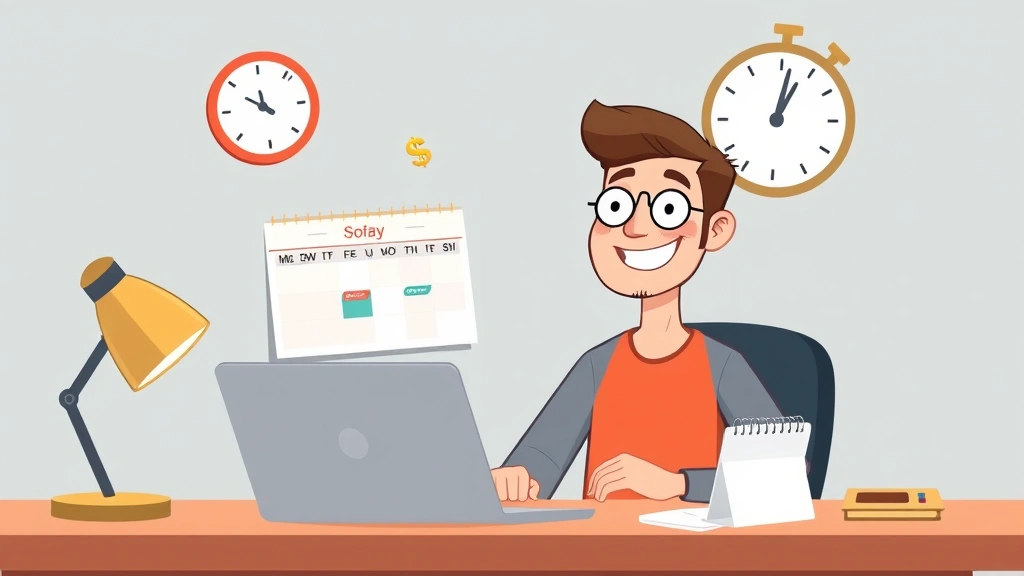 Cartoon freelancer sitting at desk with laptop, coffee cup, and calendar showing flexible schedule, smiling confidently with floating dollar signs and clock symbols around them