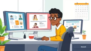 Cartoon illustration of a diverse professional working remotely at a desk with multiple computer screens showing different client projects, coffee cup, and calendar on the wall, bright office environment