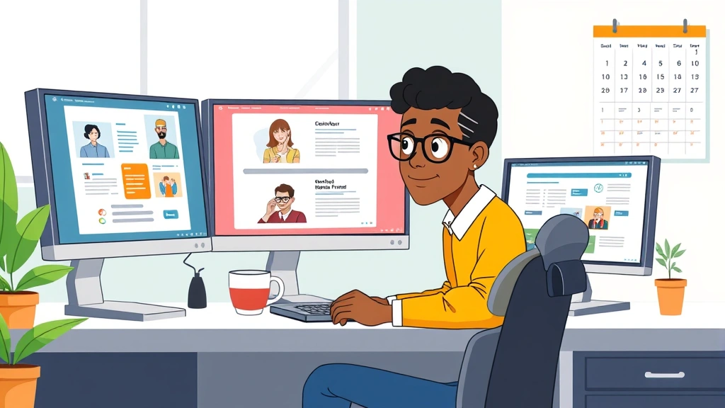 Cartoon illustration of a diverse professional working remotely at a desk with multiple computer screens showing different client projects, coffee cup, and calendar on the wall, bright office environment