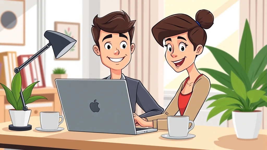 Cartoon professional freelancer working on laptop at home desk with coffee cup, smiling confidently, modern minimalist workspace, bright natural lighting