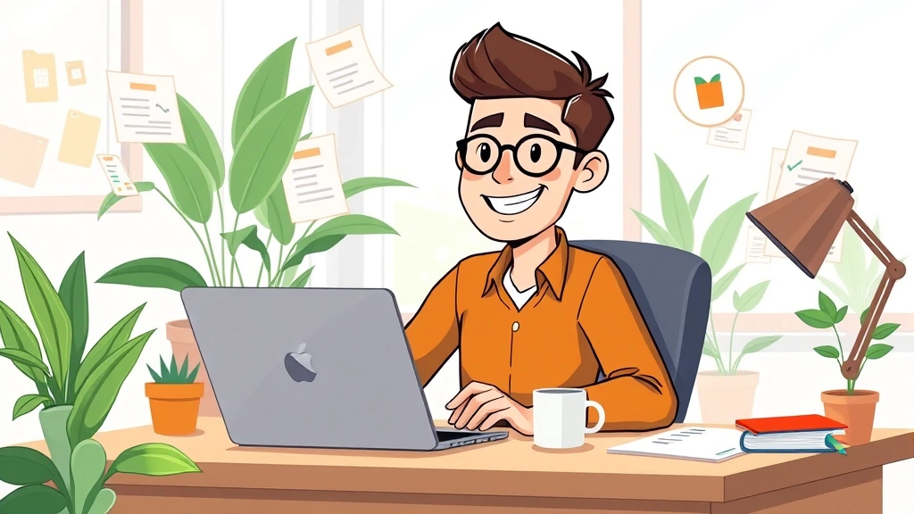 Cartoon professional freelancer sitting at desk with laptop, coffee cup, and multiple client project folders floating around, bright workspace with plants, smiling confident expression, working from home environment