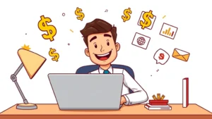 Cartoon professional sitting at desk with laptop, multiple income streams shown as floating dollar signs and project icons around them, energetic and positive mood