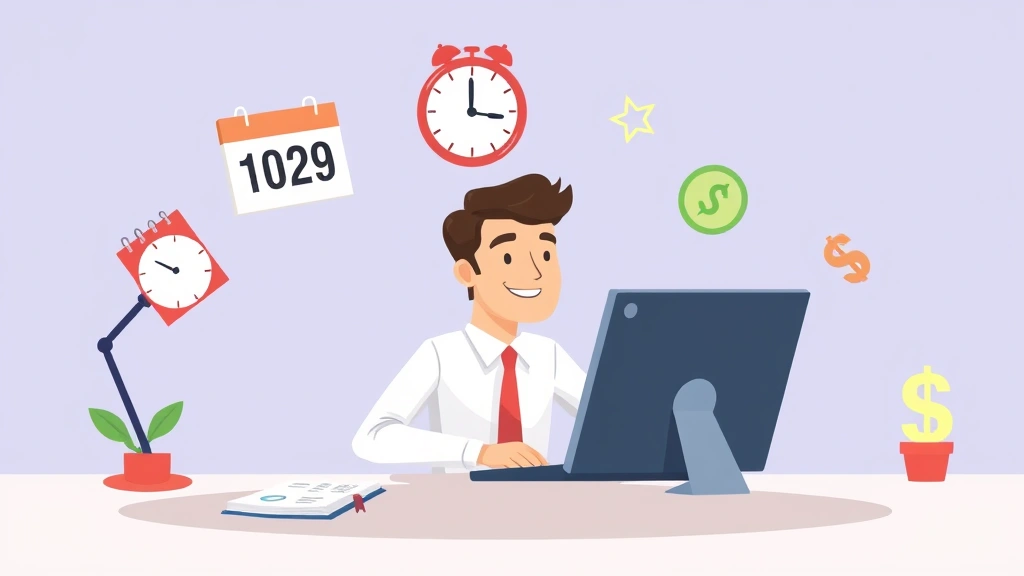 Cartoon professional sitting at laptop with calendar, clock, and dollar signs floating around, representing 1099 contractor flexibility and income management