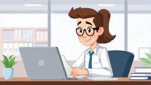 Professional consultant reviewing contract documents at desk with laptop, confident expression, modern office environment, cartoon style illustration