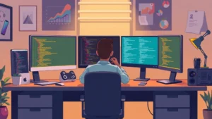 Professional freelancer sitting at desk with multiple monitors displaying code and design work, cartoon style, warm office lighting, productivity focused, no text