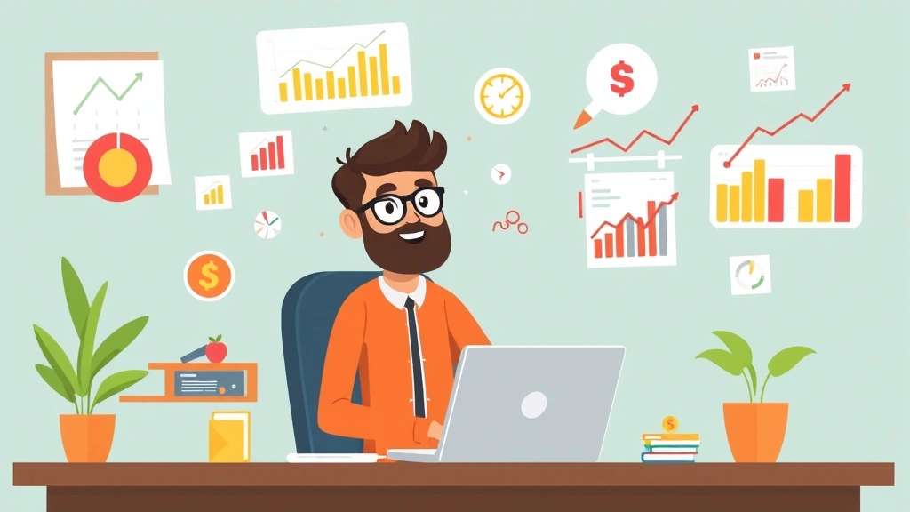Cartoon professional freelancer sitting at desk with laptop, colorful charts and graphs floating around showing income growth and financial planning