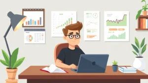 Cartoon freelancer sitting at desk with laptop, calendar, and financial charts showing income tracking and planning, professional home office setup with coffee and plants
