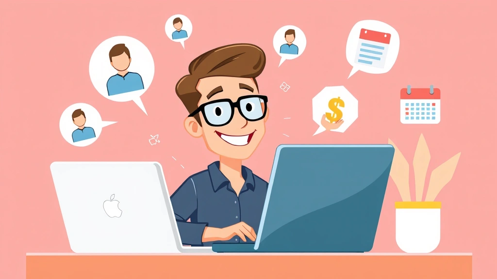 Cartoon illustration of a confident freelancer working at a laptop with multiple client icons floating around, dollar signs, and calendar symbols, bright and professional style