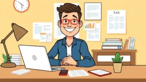 Cartoon illustration of freelancer sitting at desk with laptop, calculator, and tax documents, smiling confidently with organized workspace