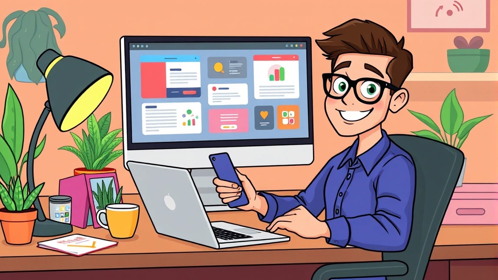 Cartoon professional sitting at desk with laptop, smartphone, and coffee cup, smiling confidently while managing multiple projects on computer screen, freelancer workspace theme, colorful and welcoming