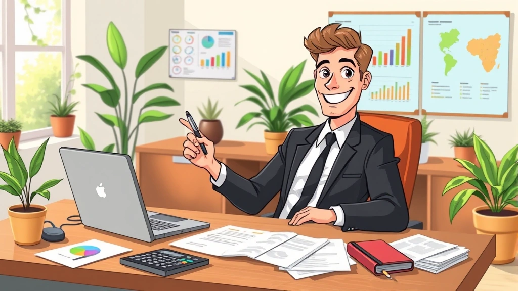 Cartoon professional sitting at desk with laptop, calculator, and documents scattered around, sunny office with plants, confident smile, pen in hand, colorful charts on wall
