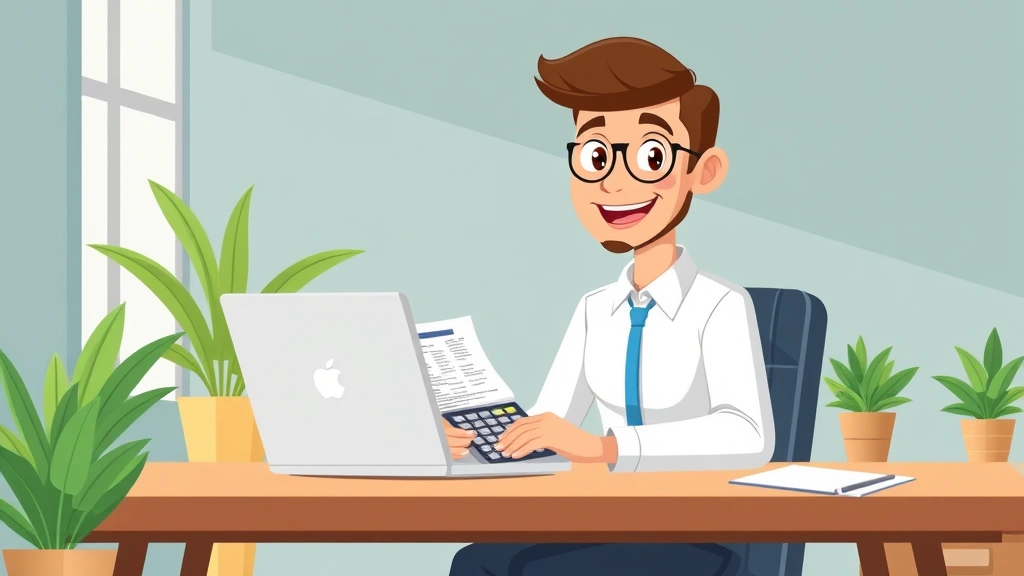 Cartoon professional working at laptop with calculator and tax documents, smiling confidently, home office setting with plants, modern minimalist style