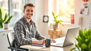Young professional contractor sitting at modern home office desk with laptop, coffee mug, and plant, natural sunlight streaming through window, confident expression, colorful workspace