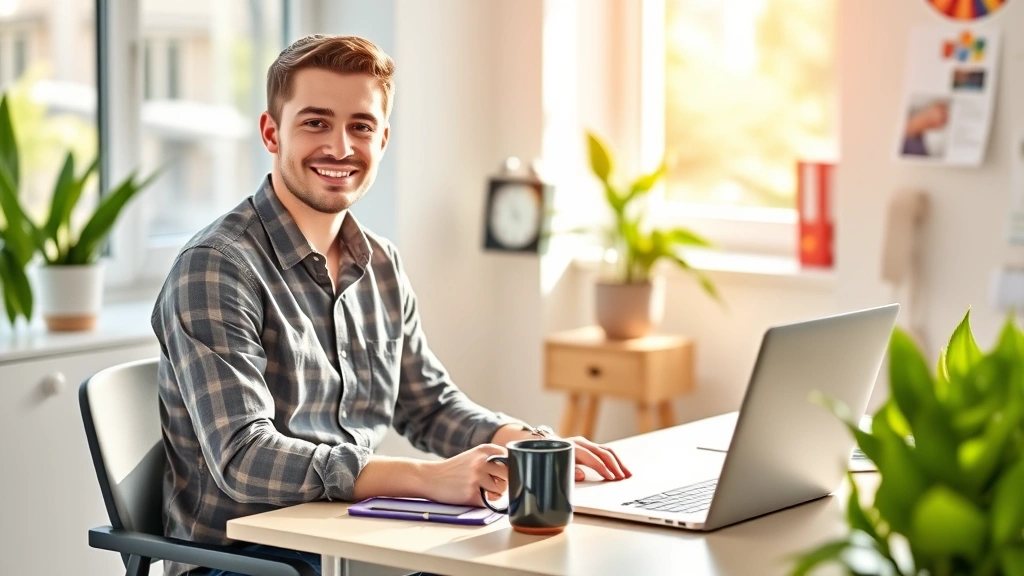 Young professional contractor sitting at modern home office desk with laptop, coffee mug, and plant, natural sunlight streaming through window, confident expression, colorful workspace