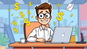 Cartoon professional sitting at desk with laptop surrounded by floating dollar signs and growth charts, confident expression, modern office setting, bright colors