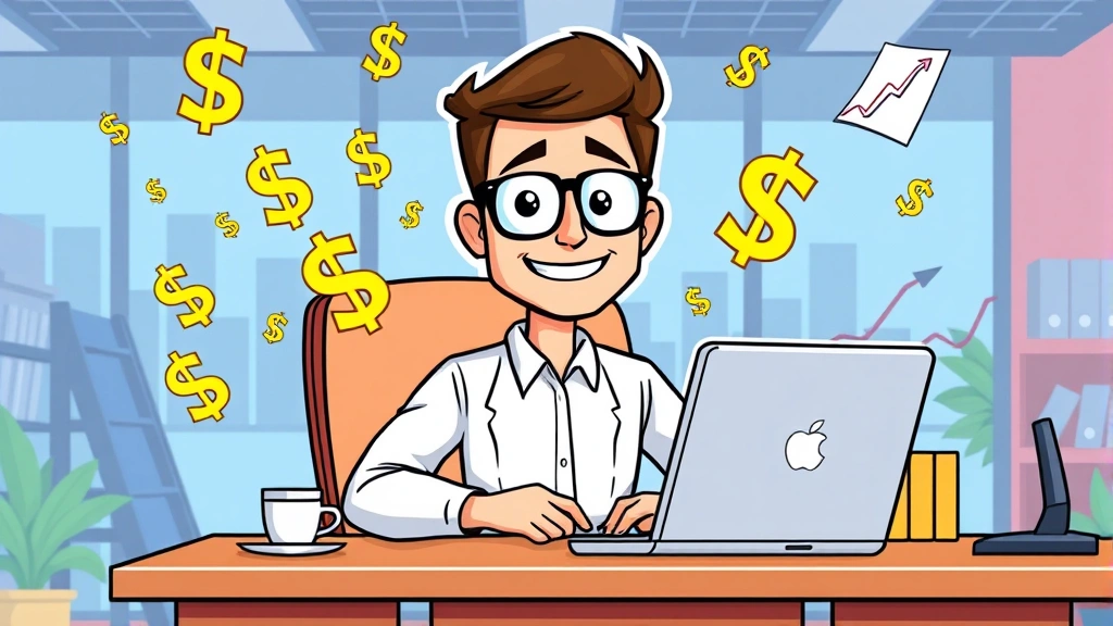 Cartoon professional sitting at desk with laptop surrounded by floating dollar signs and growth charts, confident expression, modern office setting, bright colors