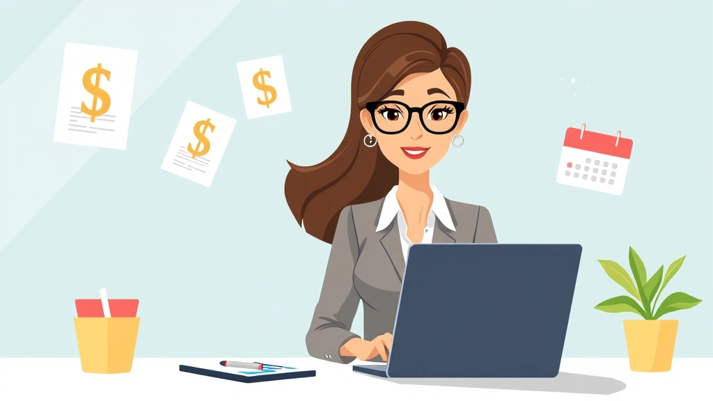 Cartoon professional woman at laptop with floating dollar signs, contract papers, and calendar icons around her, bright workspace, modern minimalist style, no text