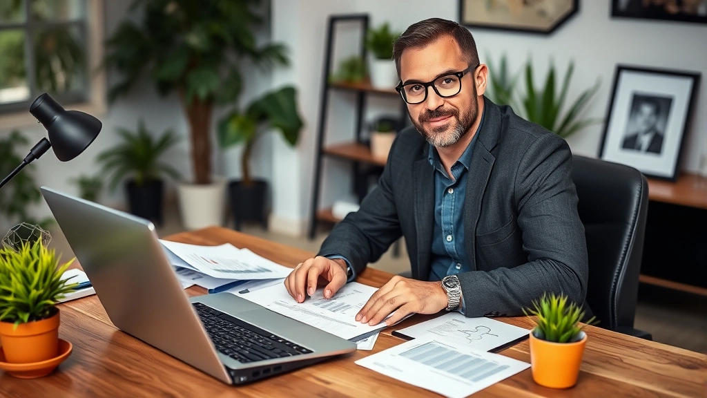 Professional contractor working at desk with laptop, calculator, and financial documents, confident expression, modern home office setting with plants and professional decor