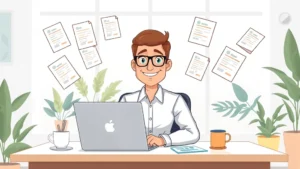Cartoon professional contractor sitting at desk with laptop, multiple project files floating around, confident expression, bright workspace with plants and coffee cup, modern minimalist office environment