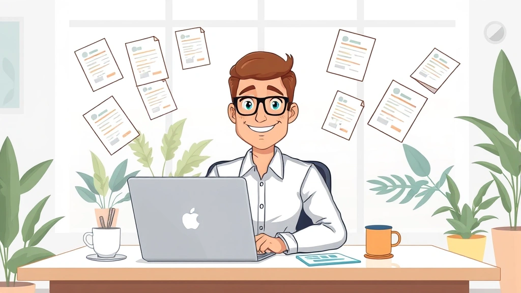 Cartoon professional contractor sitting at desk with laptop, multiple project files floating around, confident expression, bright workspace with plants and coffee cup, modern minimalist office environment