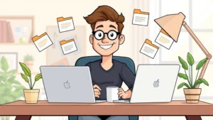 Cartoon professional freelancer sitting at home desk with laptop, coffee cup, and plant, smiling confidently with multiple project folders floating around, bright modern workspace