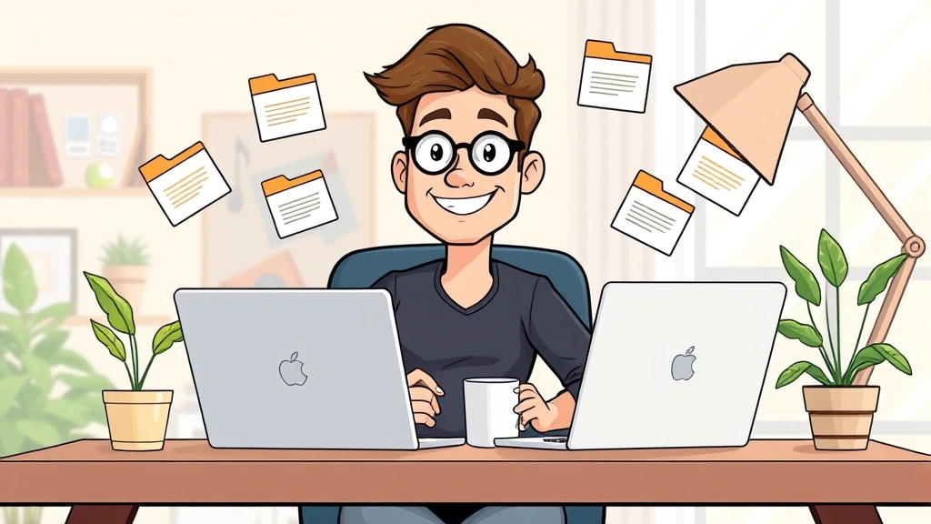 Cartoon professional freelancer sitting at home desk with laptop, coffee cup, and plant, smiling confidently with multiple project folders floating around, bright modern workspace