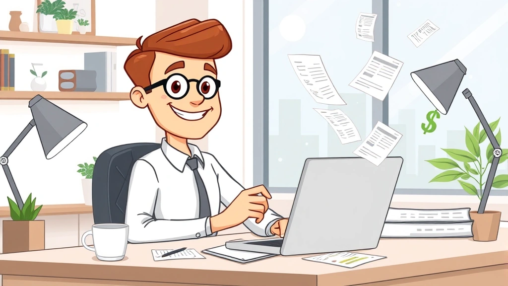 Professional cartoon character working independently at home desk with laptop and coffee, smiling confidently, dollar signs and tax forms floating nearby, bright modern workspace