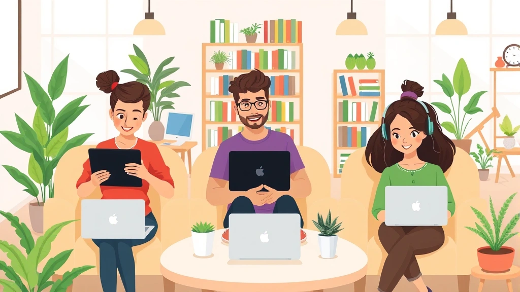 Cartoon illustration of diverse freelancers working remotely on laptops and tablets in home offices, coffee shops, and libraries. Bright, modern workspace setup with plants and natural lighting. Professional but relaxed atmosphere showing flexibility and independence of 1099 work.