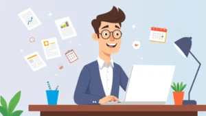 Cartoon illustration of a freelancer working on a laptop at a desk with multiple floating documents, calendar, and contract symbols around them, professional and colorful