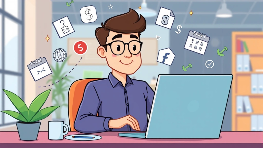 Cartoon professional freelancer working at laptop with floating digital project icons, dollar signs, and calendar symbols around them, vibrant modern office setting