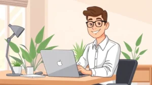 Professional independent contractor working at modern home office desk with laptop, smiling confidently, minimalist cartoon style, warm lighting, business casual attire, plants in background