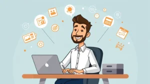 Cartoon professional contractor sitting at desk with laptop, smiling confidently, surrounded by floating icons representing flexibility, independence, and multiple projects happening simultaneously