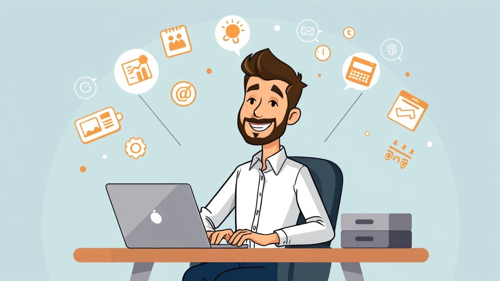 Cartoon professional contractor sitting at desk with laptop, smiling confidently, surrounded by floating icons representing flexibility, independence, and multiple projects happening simultaneously