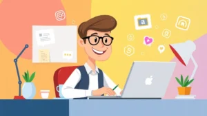 Cartoon professional freelancer working on laptop at home desk with coffee cup, smiling, colorful background with floating icons representing different industries like writing, coding, and design
