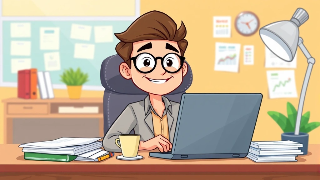 Cartoon professional freelancer sitting at desk with laptop, coffee cup, and multiple project files scattered around, smiling confidently with bright colorful workspace background