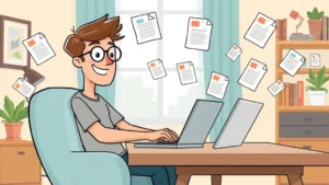 Cartoon illustration of a freelancer working at a laptop at home with multiple project files floating around, showing independence and flexibility with a happy expression