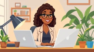 Cartoon illustration of a diverse professional confidently working on laptop at home office desk with coffee cup and plants, warm lighting, freelancer vibe