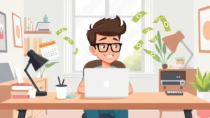 Cartoon illustration of a freelancer sitting at desk with laptop, coffee cup, calendar, and dollar bills floating around, working remotely in bright, modern home office space