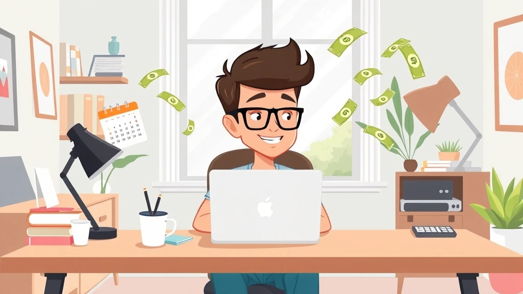 Cartoon illustration of a freelancer sitting at desk with laptop, coffee cup, calendar, and dollar bills floating around, working remotely in bright, modern home office space