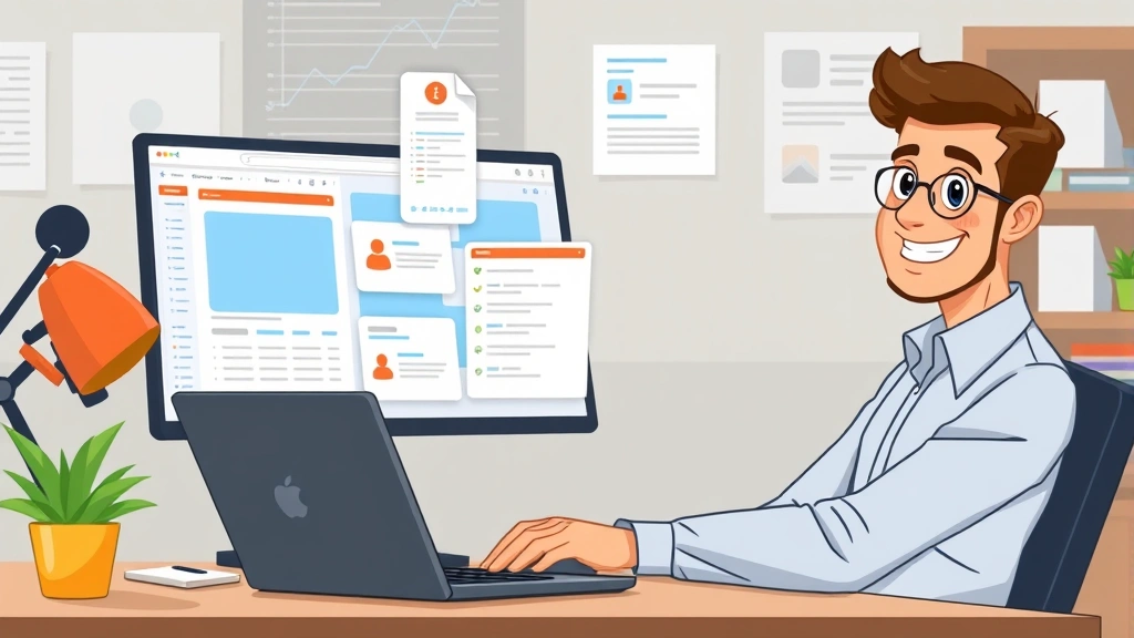 Cartoon professional contractor sitting at desk with laptop, multiple client windows on screen, smiling confidently while juggling project files and calendar schedules