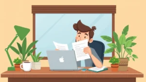 Cartoon professional freelancer working at desk with laptop, coffee cup, and plants, smiling confidently while reviewing contract documents