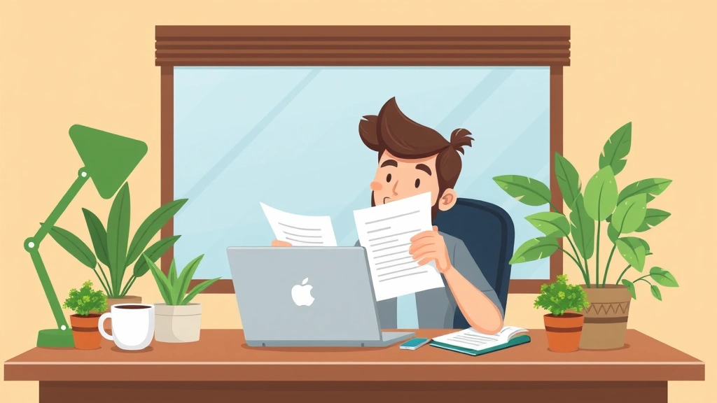 Cartoon professional freelancer working at desk with laptop, coffee cup, and plants, smiling confidently while reviewing contract documents