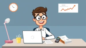 Cartoon professional freelancer sitting at desk with laptop, calculator, and invoices, smiling confidently with laptop screen showing income chart going upward
