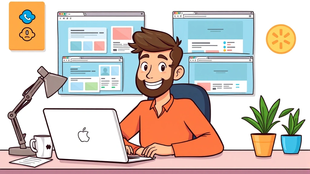 Cartoon freelancer at desk with laptop, multiple browser windows showing job platforms, coffee cup, smiling professional appearance, colorful workspace, remote office setup