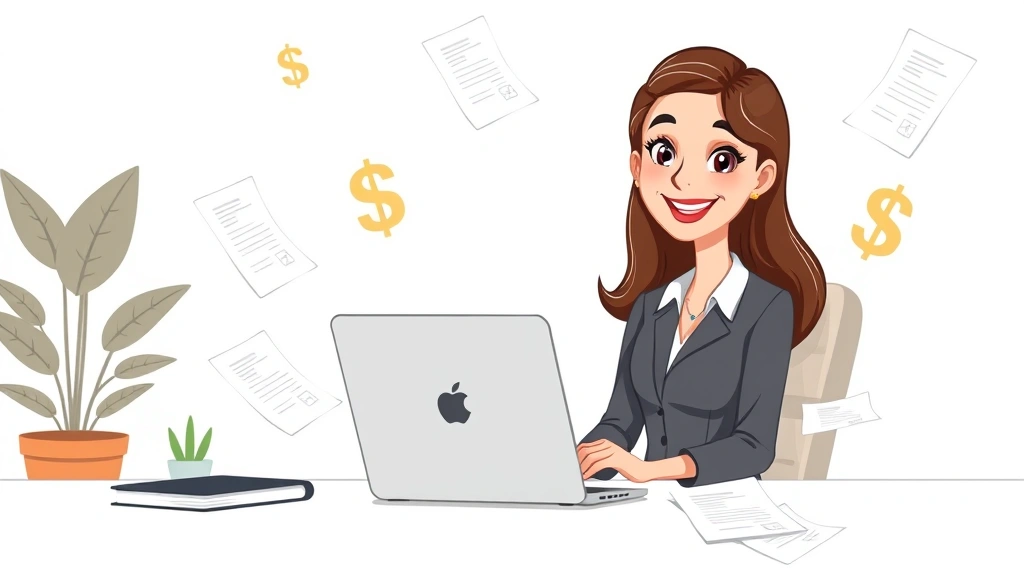 Cartoon professional woman sitting at desk with laptop surrounded by floating dollar signs and contract documents, smiling confidently, minimalist office background with plant