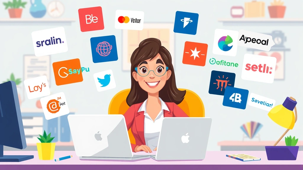 Cartoon professional sitting at desk with laptop, multiple client logos floating around, smiling confidently, colorful workspace, freelance energy